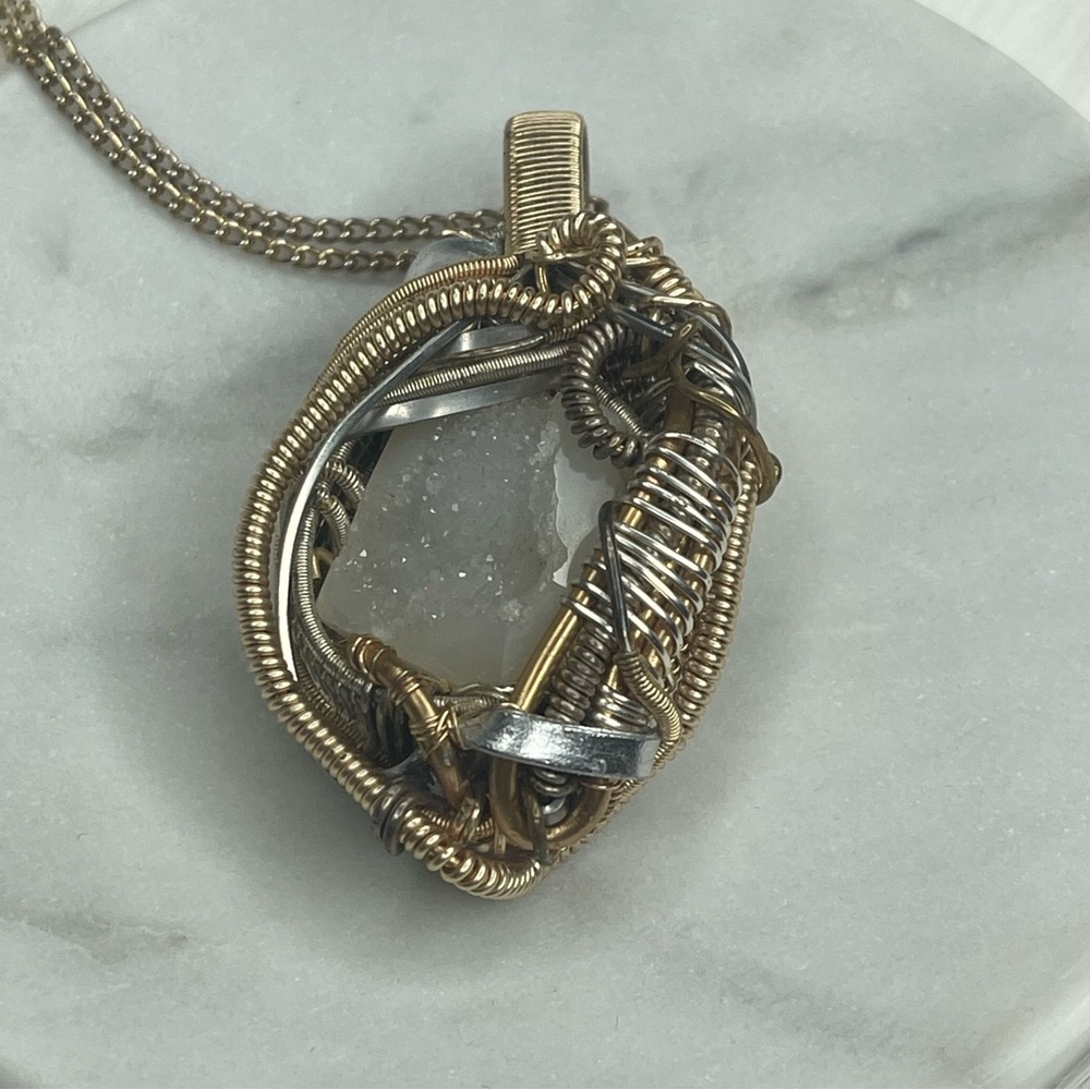 Gold and Silver Tone Wire-Wrapped  Druzy Quartz Pendant Necklace